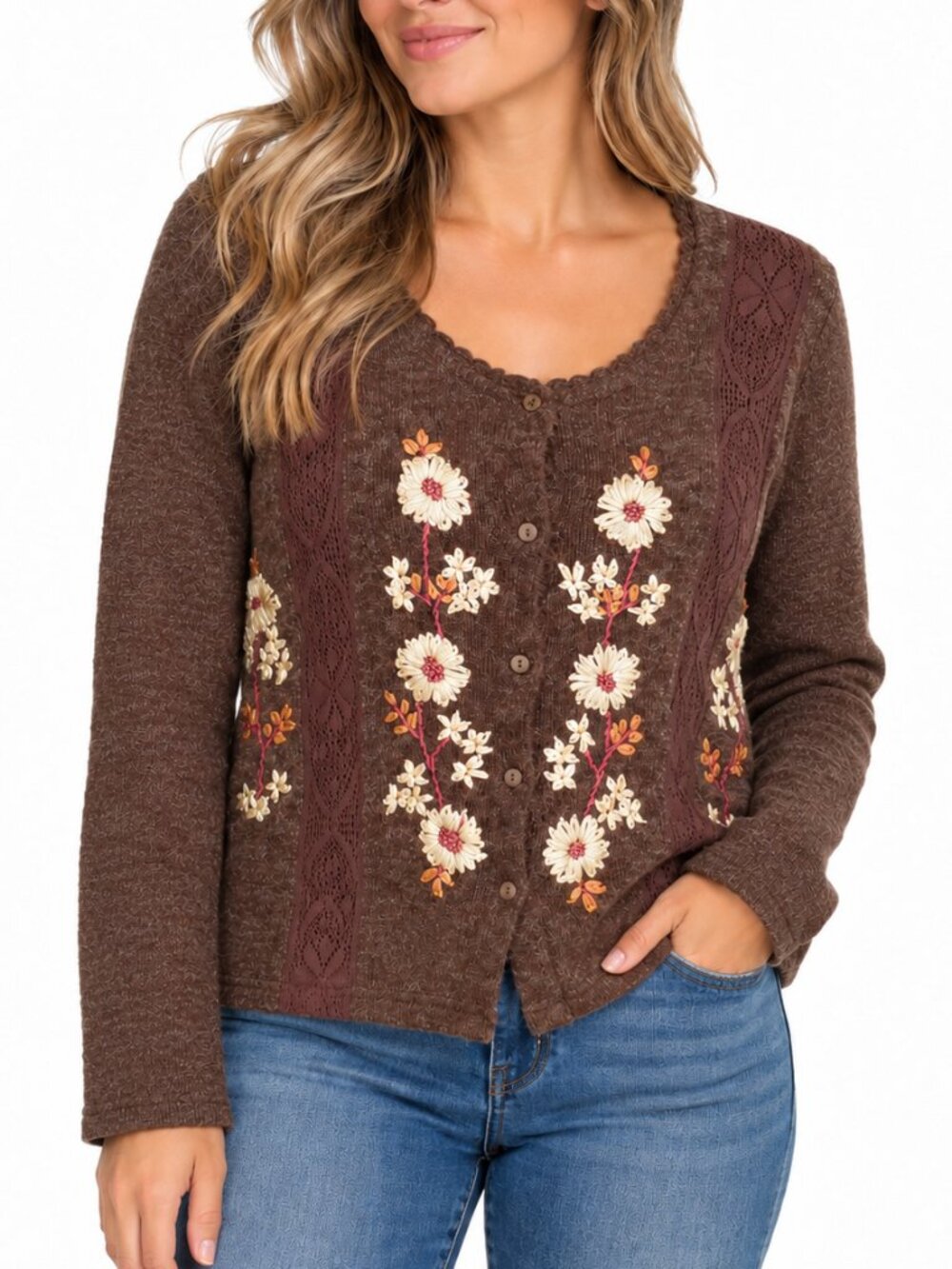 APRIL CORNELL Vintage Alpaca Blend Knit Cardigan Brown Medium Floral Embroidered